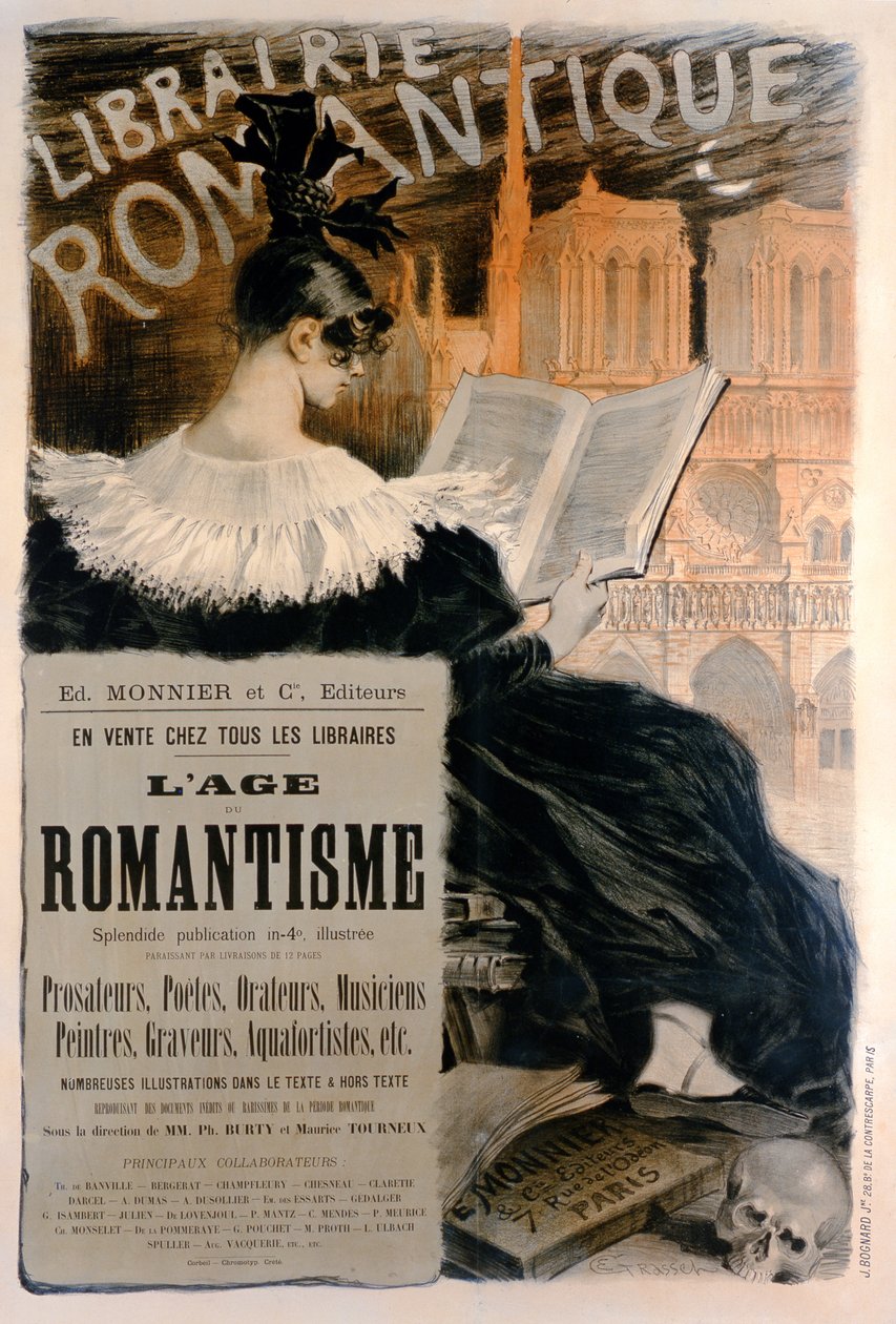 Librairie Romantique -juliste, joka mainostaa sarjaa romantiikan historiaa käsitteleviä kirjoja, 1887 tekijältä Eugene Grasset