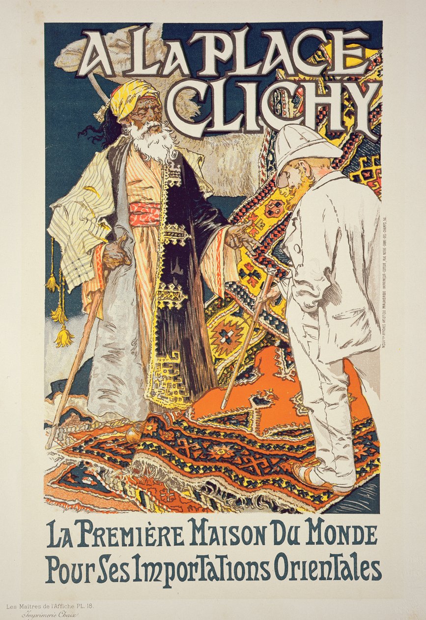 Jäljennös julisteesta, jossa mainostetaan "A La Place Clichy", itämaisiin tuotteisiin erikoistunut kauppa, 1891 tekijältä Eugene Grasset