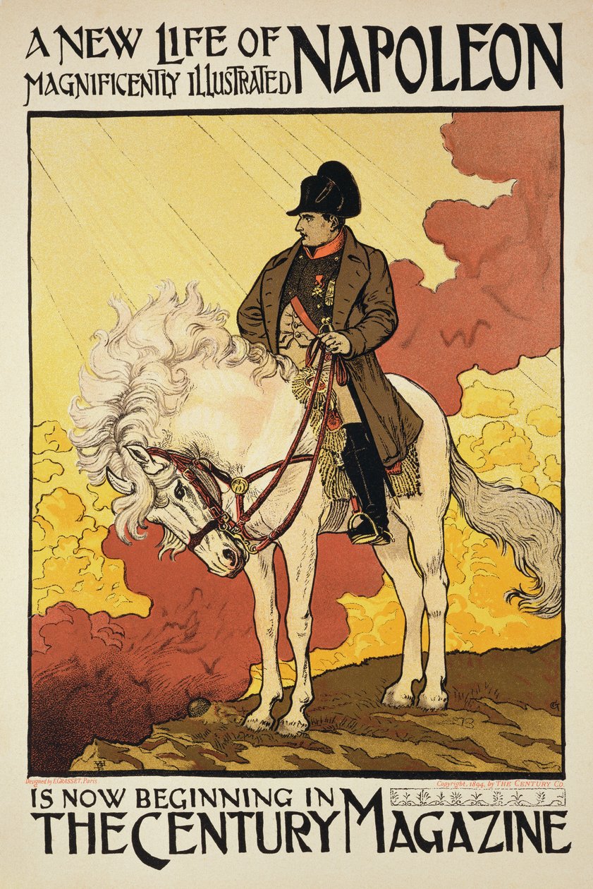 Jäljennös julisteesta, joka mainostaa "A New Life of Napoleon", kuvitettu Century Magazinessa tekijältä Eugene Grasset