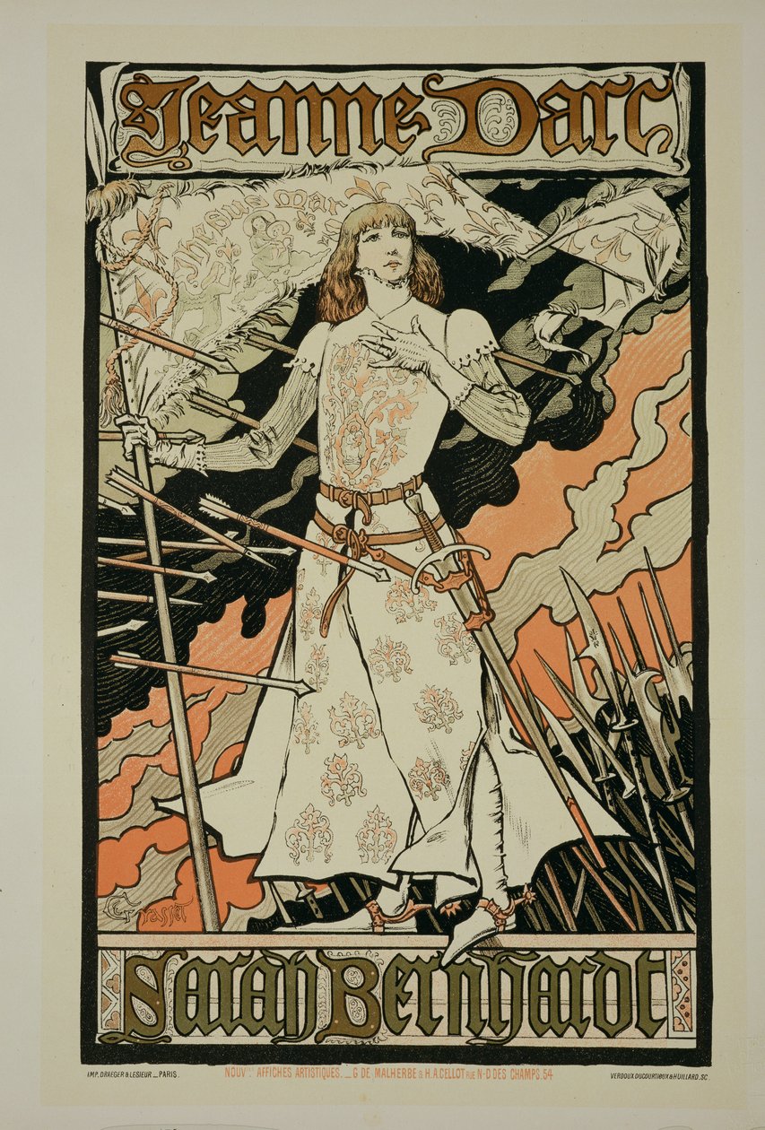 Jäljennös julisteesta, joka mainostaa "Joan of Arcia", pääosassa Sarah Bernhardt (1844-1923) Renaissance Theaterissa (katso 127035) tekijältä Eugene Grasset