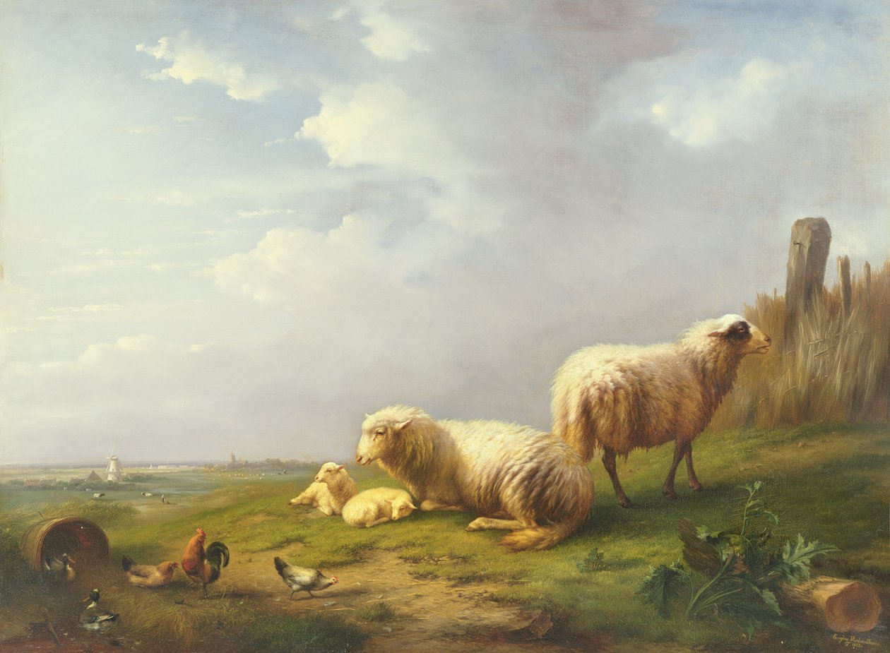 Lampaat ja kanoja maisemassa, 1800-luku tekijältä Eugene Joseph Verboeckhoven