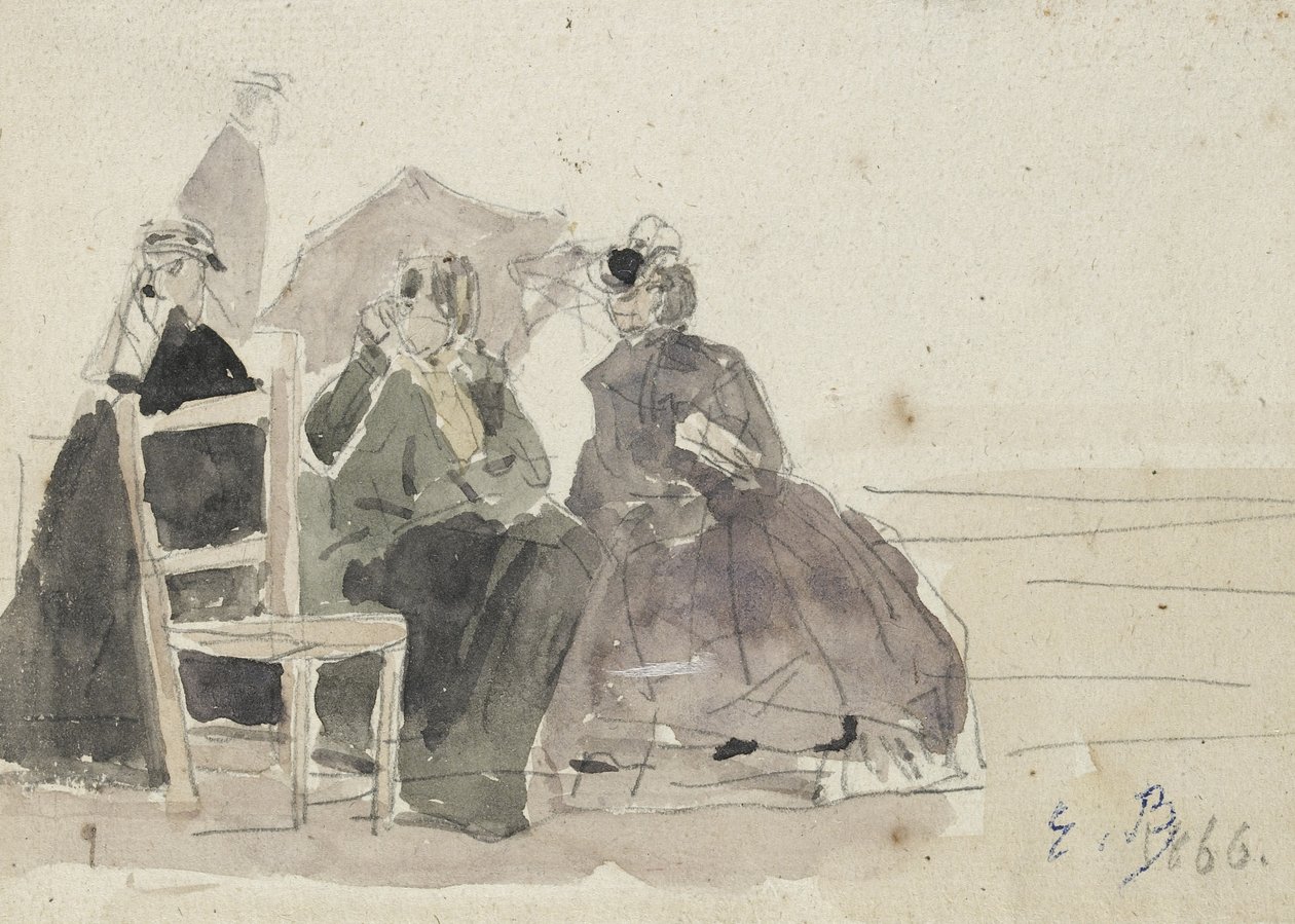 Kolme naista istumassa tuoleilla rannalla (grafiitti valkoisella paperilla) tekijältä Eugene Louis Boudin