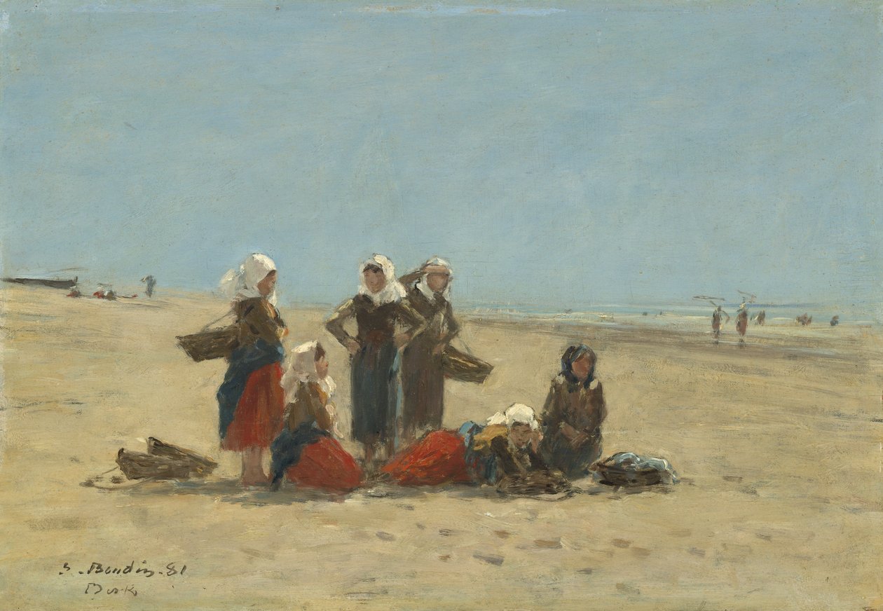 Women on the Beach at Berck, 1881 (öljy puulle) tekijältä Eugene Louis Boudin