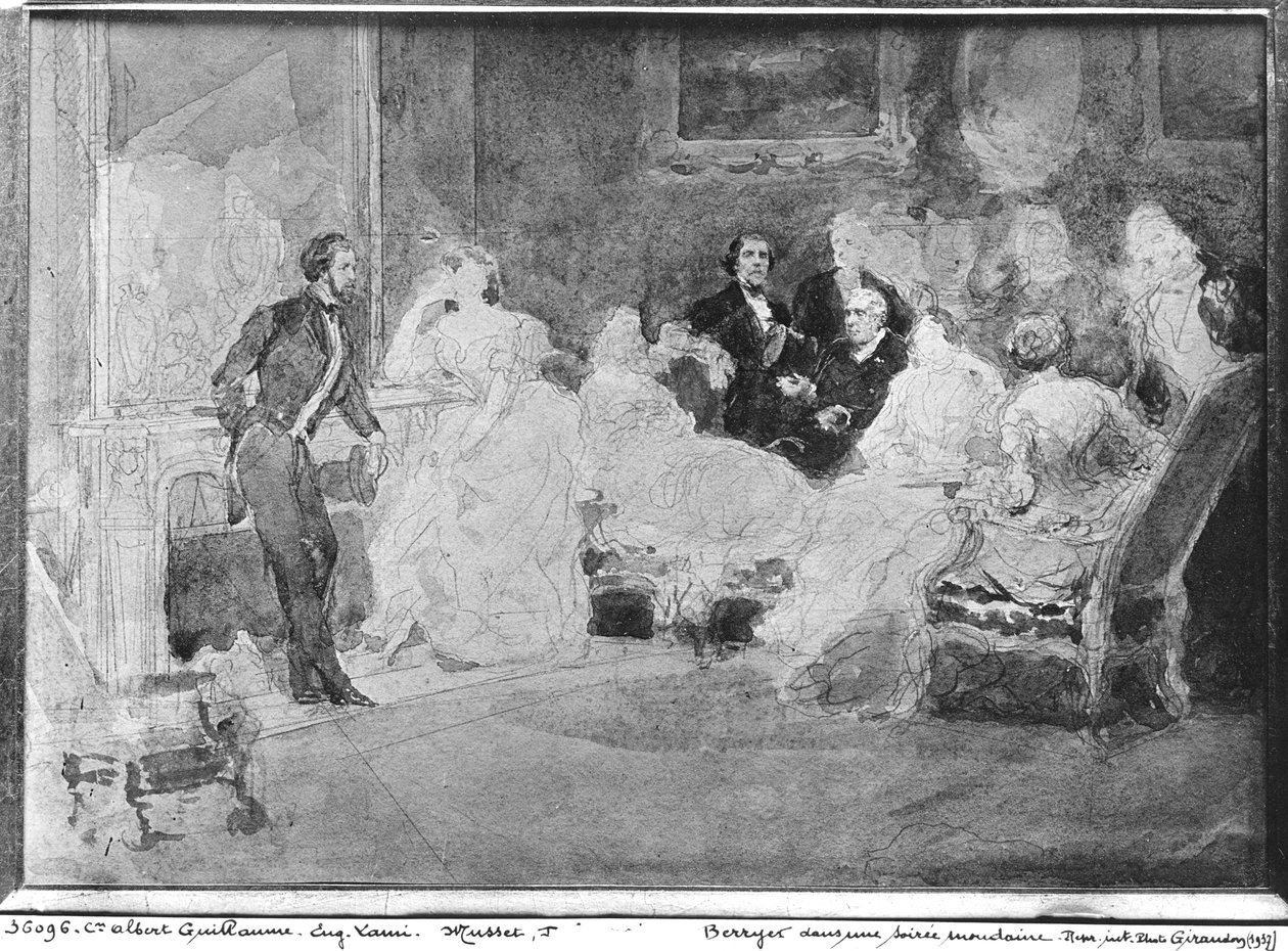 Alfred de Musset (1810-57) Eugene Delacroix (1798-1863) ja Pierre Antoine Berryer (1790-1868) seura-illassa, n. 1840 tekijältä Eugene Louis Lami