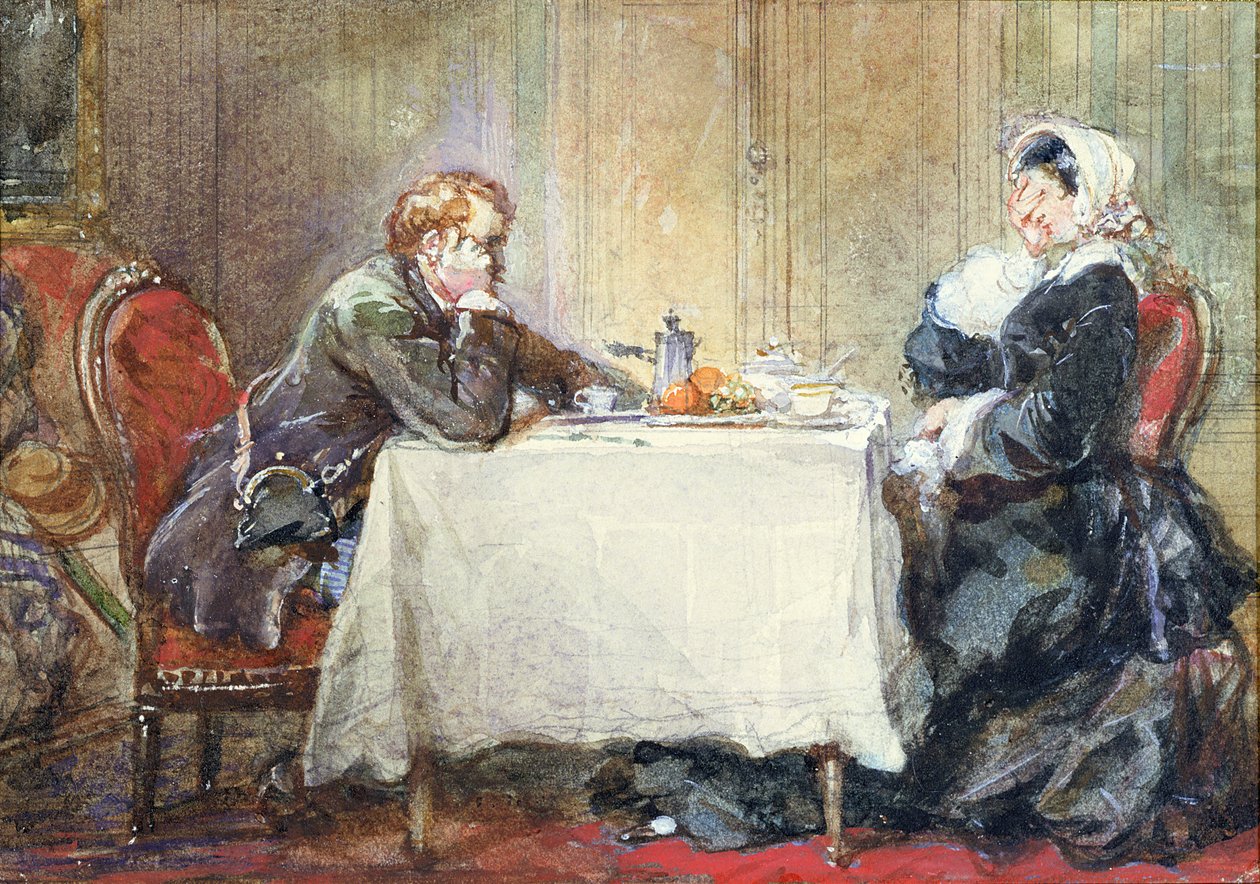 Alfred de Musset (1810-57) ja George Sand (1804-76) pöydän ääressä, kuvitus Musset
