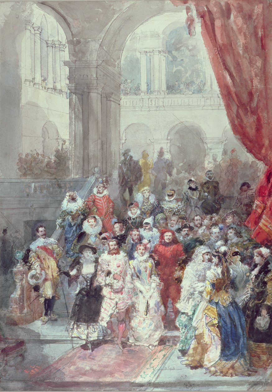 Opiskelu Saganin prinsessan pukupallolle, 1883 (wc, jossa grafiittinen pohjapiirros, korotettu valkoisella paperille) tekijältä Eugene Louis Lami