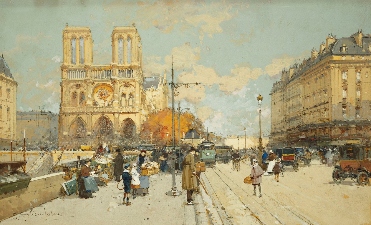 Figuurit aurinkoisella pariisilaiskadulla, Notre Dame vasemmalla tekijältä Eugene Galien Laloue