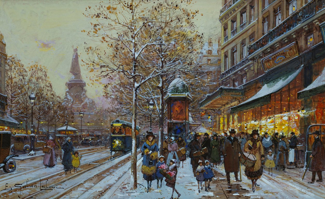 Place de la Republique, Pariisi (hiili ja vartaloväri paperilla) tekijältä Eugene Galien Laloue