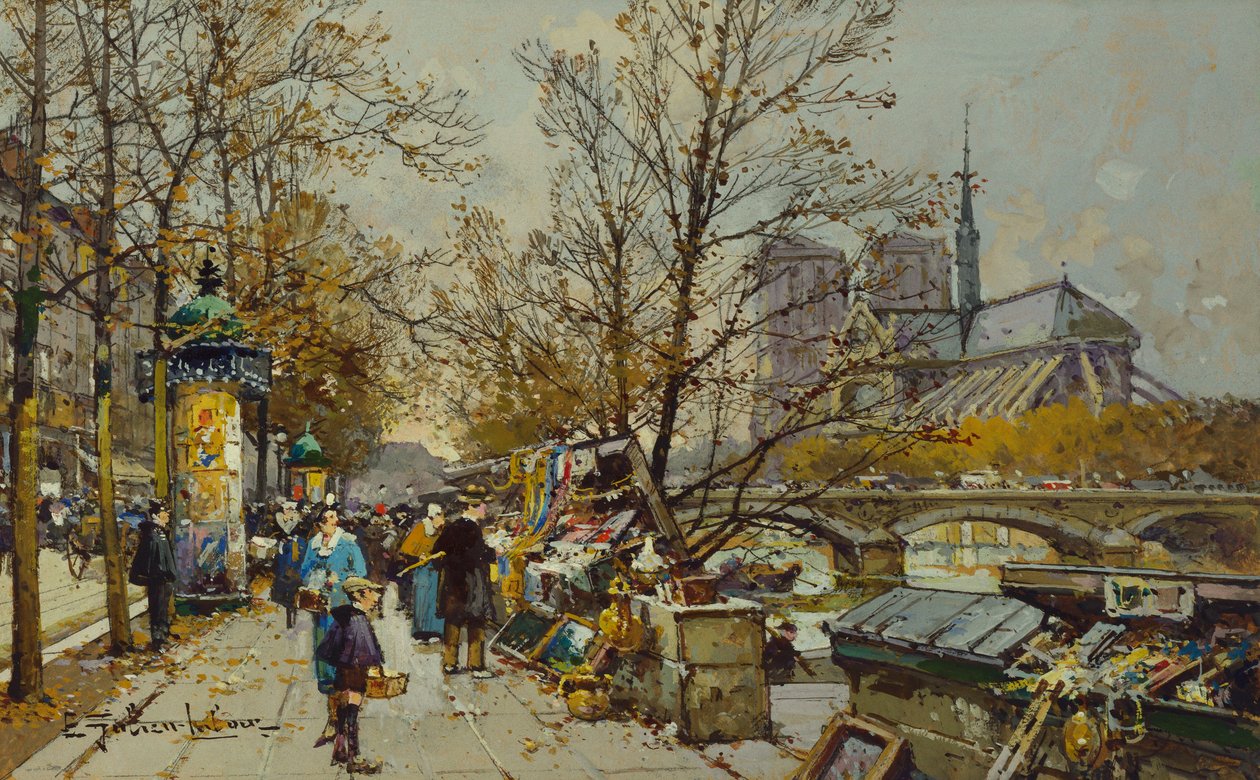 Rive Gauche, Pariisi, Notre Dame Beyond (kortilla vartalonväri) tekijältä Eugene Galien Laloue