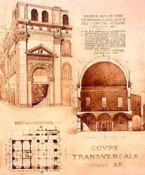 Loggian eli Palazzo del Communen pohjapiirros, poikkileikkaus ja korkeusasema, Brescia, Italia, teoksesta "Fragments d