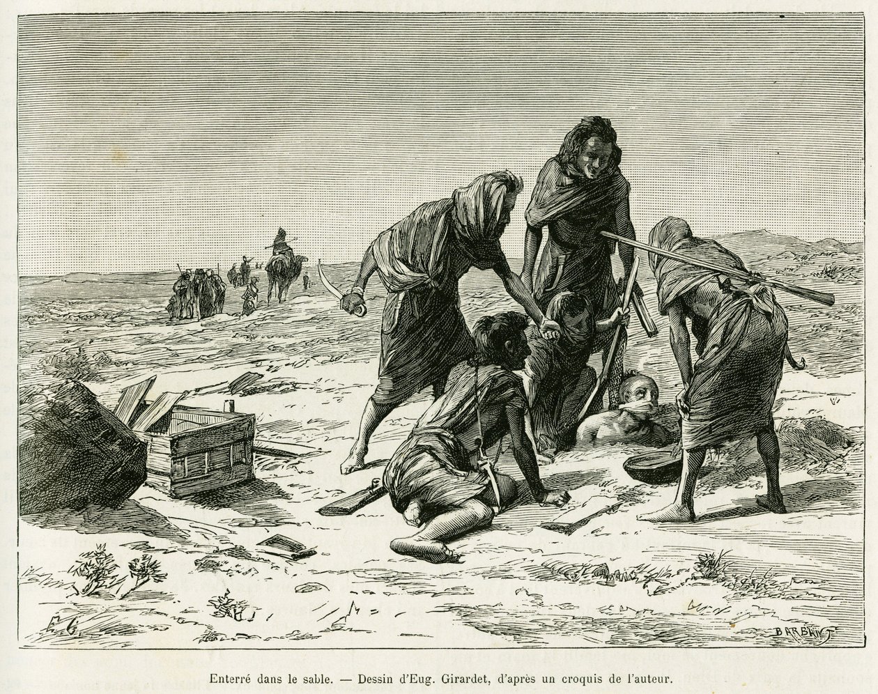 Hautaa hiekkaan. Eugene Girardetin kaiverrus havainnollistamaan tarinaa Viisi kuukautta Länsi-Saharan paimentolaissummilla, vuonna 1887, Camille Douls, in le tour du monde 1888 Edouard Chartonin (1807-1890) johdolla, Hachette, Pariisi. tekijältä Eugene Alexis Girardet