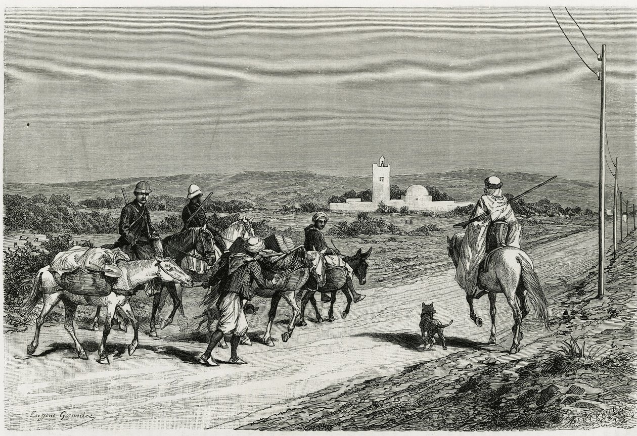 Trailerimme liikkuu. Kaiverrettu Eugene Girardet havainnollistamaan tarinaa "" Voyage en Tunisie"", historioitsija Rene Cagnat (1852-1937) ja arkkitehti Henri Saladin (1851-1923), tilaus 1882-1883 opetusministeriön toimesta. Julkaistu i tekijältä Eugene Alexis Girardet
