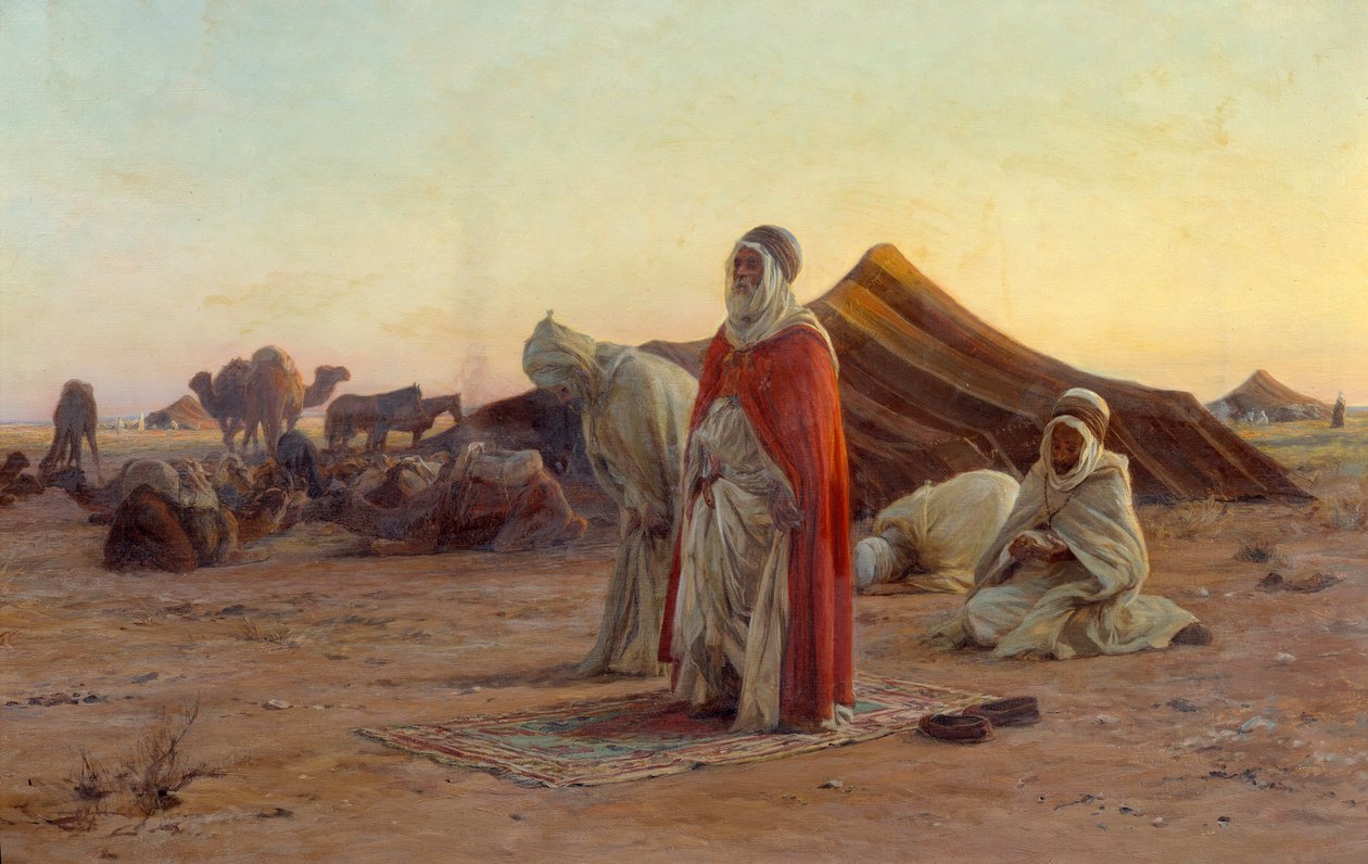 Teltta autiomaassa Rukous. Yksityiskohta. Eugene Alexis Girardetin (1853-1907) maalaus 1800-luvun Bayonne, Musee Bonnat tekijältä Eugene Alexis Girardet