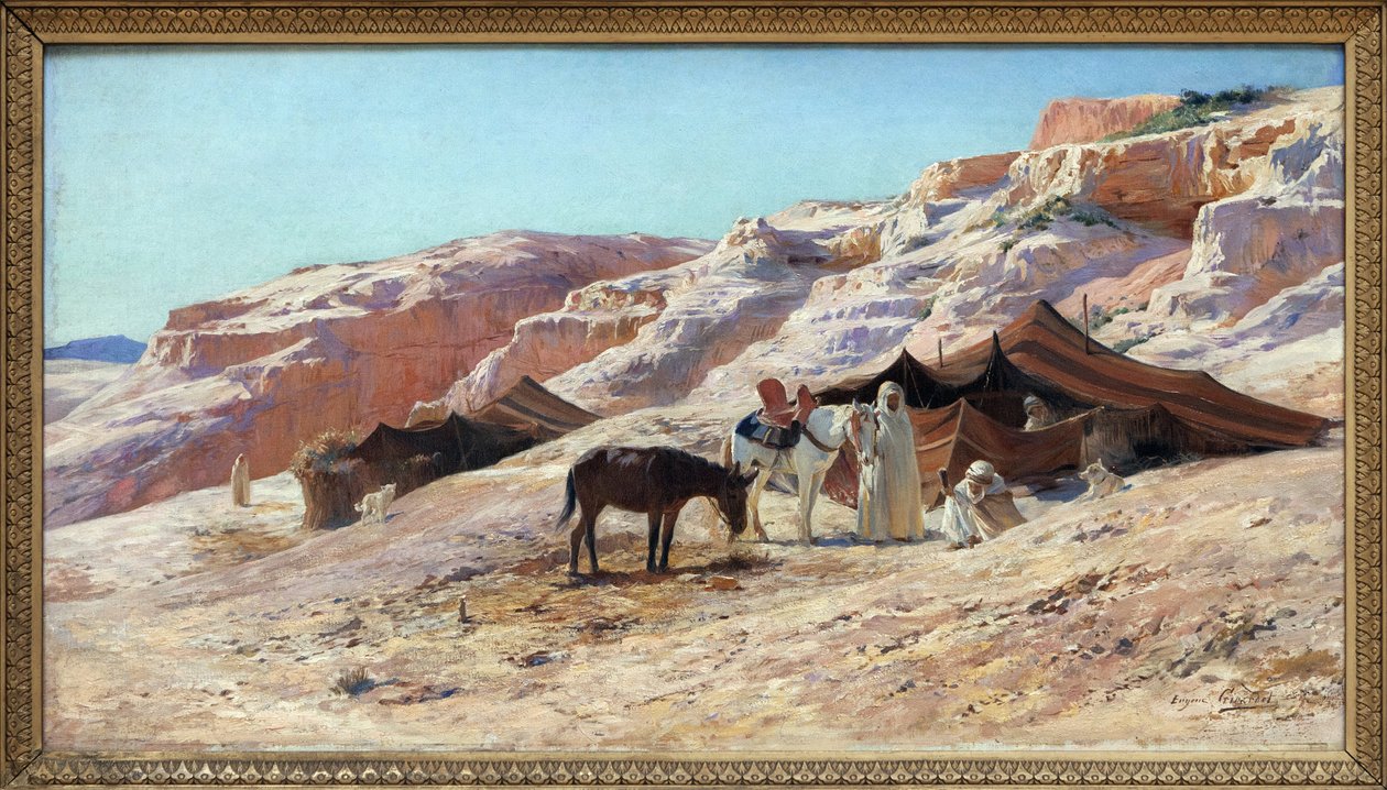 Leiri, Eugene Girardetin (1853-1907) öljymaalaus kankaalle, arabimatkustajien (beduiinien) leiriytys dyynien maisemassa. Himmeä. 50x60 cm. Valokuvaus, KIM Youngtae, Nantes, Musee des Beaux Art de Nantes. tekijältä Eugene Alexis Girardet