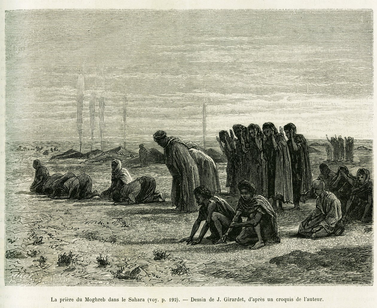 Moghreb-rukous Saharassa. J.Girardetin kaiverrus havainnollistamaan tarinaa Cinq mois chez les moures nomades du Sahara occidental, vuonna 1887, Camille Douls, in le tour du monde 1888, ohjaajana Edouard Charton (1807-1890), Hachette, Pa tekijältä Eugene Alexis Girardet