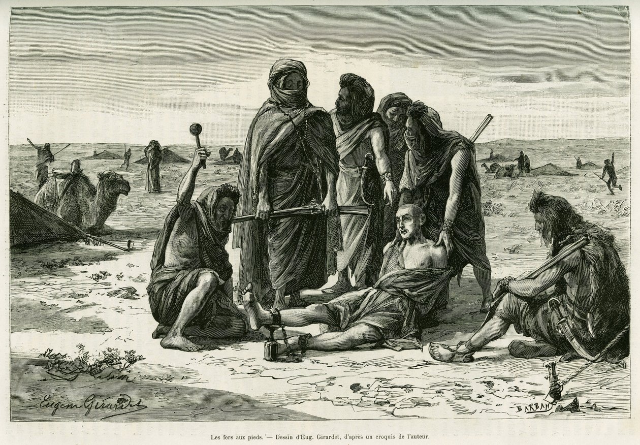 Tahto menee jalkoihin. Kaiverrus Eugene Girardet, havainnollistamaan tarinaa Cinq mois chez les moures nomades du Sahara occidental, vuonna 1887, Camille Douls, tour du monde 1888, Edouard Chartonin (1807-1890) johdolla, Hachette, Pariisi. tekijältä Eugene Alexis Girardet