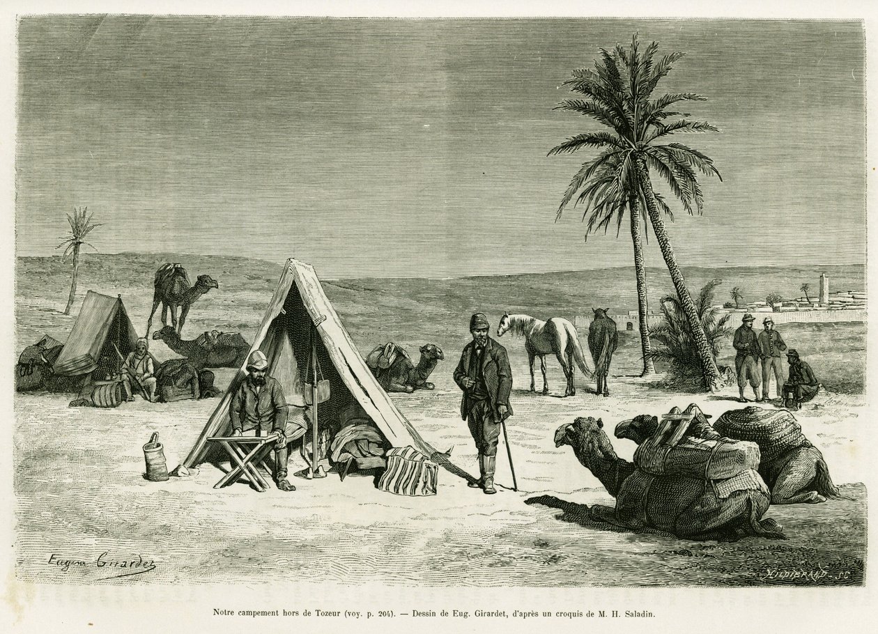 Matkailijoiden leiri Tozeurin läheisyydessä. Kaiverrus Eugene Girardet havainnollistamaan tarinaa Voyage en Tunisie, R. Cagnat ja H. Saladin, in le tour du monde 1886, ohjaaja Edouard Charton (1807-1890), Hachette, Paris. tekijältä Eugene Alexis Girardet