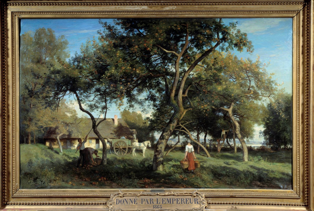 Omenoiden poimiminen Normandiassa vuonna 1865. Eugene Lavieillen (1820-1889) maalaus tekijältä Eugene Antoine Samuel Lavieille