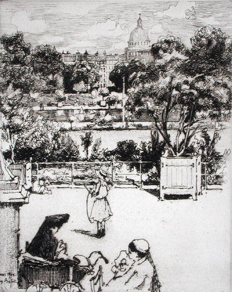 Pariisilainen puisto, teoksesta "Du Ier au XXeme: Les Arrondissements de Paris...", julkaistu 1903 (etsaus) tekijältä Eugene Bejot