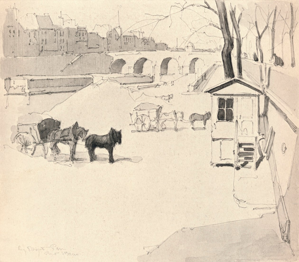 Pont Marie - Hevoset ja kärryt, 1915 tekijältä Eugene Bejot