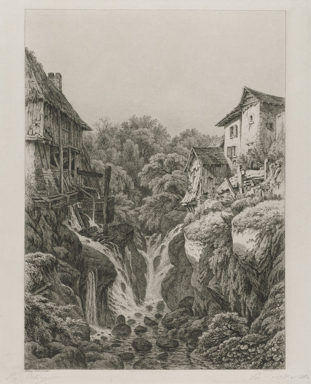 Grésyn mylly ja vesiputous lähellä Aix-les-Bainsia, 1856. tekijältä Eugene Bléry