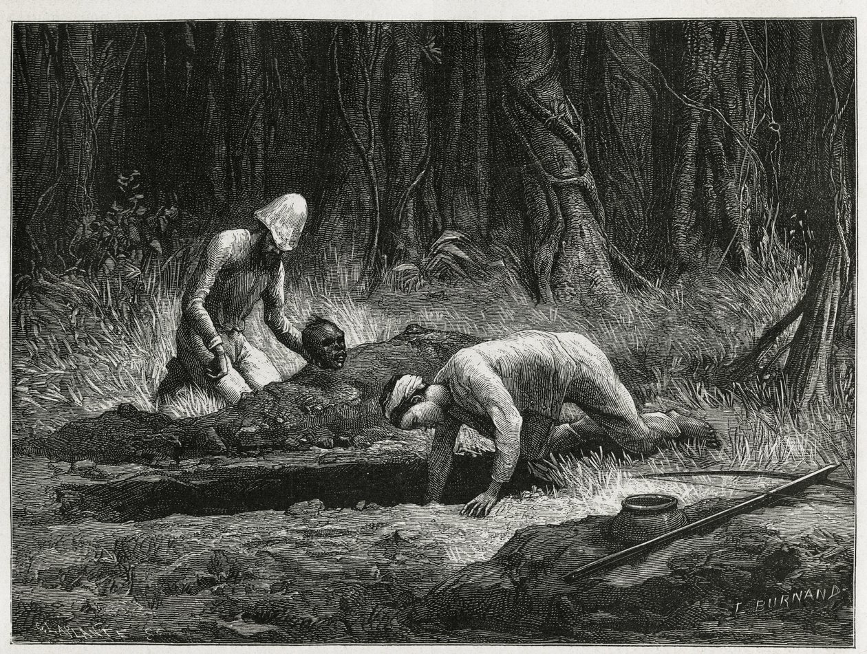 Tri. Harmand ja hänen Annamite-apulaisensa suorittamassa salaisia kaivauksia Khasin hautauksista Attopeussa (Laos), kaiverrus Eugene Burnand havainnollistaakseen tohtori Harmandin tarinaa Laosista ja Indokiinan luonnonvaraisista populaatioista vuonna 1877, tekijältä Eugene Burnand