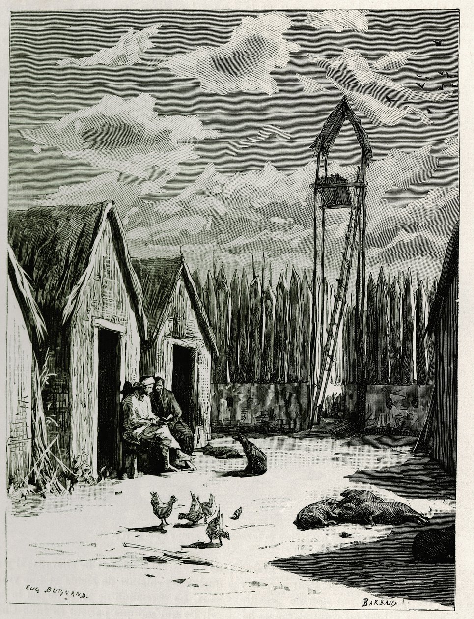 Lähetyssaarnaajien aukio Meuong Nganissa. Kaiverrus Eugene Burnand, havainnollistamaan tarinaa "Matka Ylä-Laosissa", vuonna 1880, tohtori P.Neis. Julkaistu Le Tour du monde, nouveau journal des voyages, 2. lukukausi 1885, toimittanut Edouard Charton (1807- tekijältä Eugene Burnand