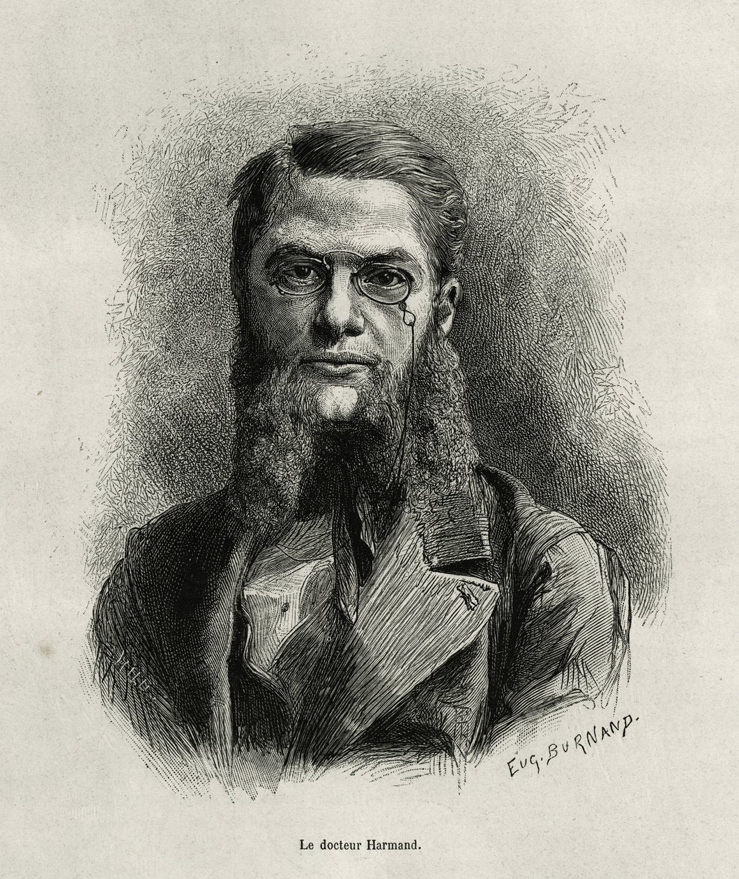 Tohtori Harmandin muotokuva, kaiverrus Eugene Burnand havainnollistamaan tarinaa Laosista ja Indokiinan luonnonvaraisista populaatioista, tohtori Harmand, vuonna 1877, julkaistu tour du monde -lehdessä Edouard Chartonin johdolla. tekijältä Eugene Burnand