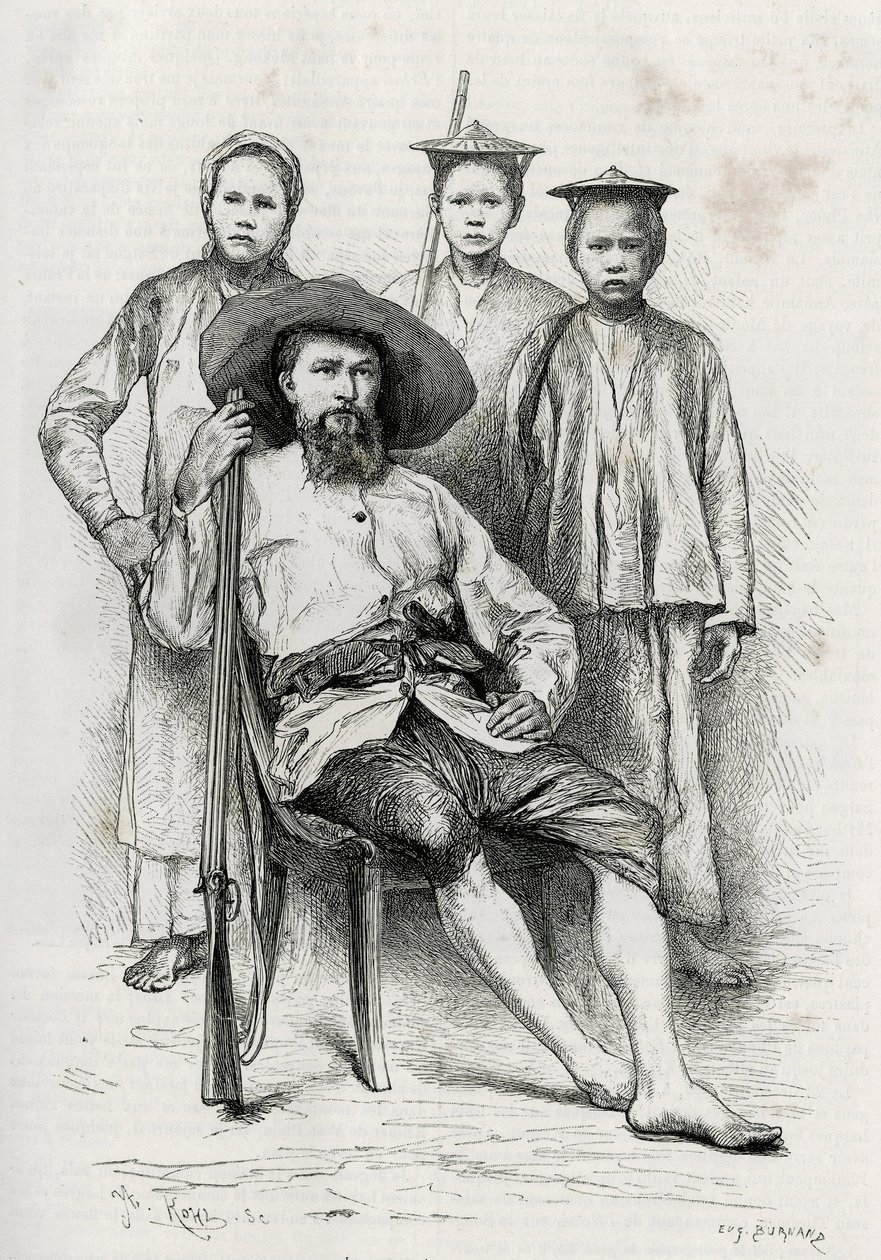 Muotokuva kirjailijasta, ympäröi hänen matkakumppaninsa. Kaiverrus Eugene Burnand havainnollistamaan tarinaa "Matka Ylä-Laosissa", vuonna 1880, kirjoittanut tohtori P.Neis. Julkaistu Le Tour du monde, nouveau journal des voyages, 2. lukukausi 1885, toimitt tekijältä Eugene Burnand