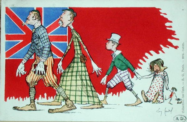 Brittiläinen perhe ranskalaisten näkemyksenä, postikortti (väri litho) tekijältä Eugene Cadel