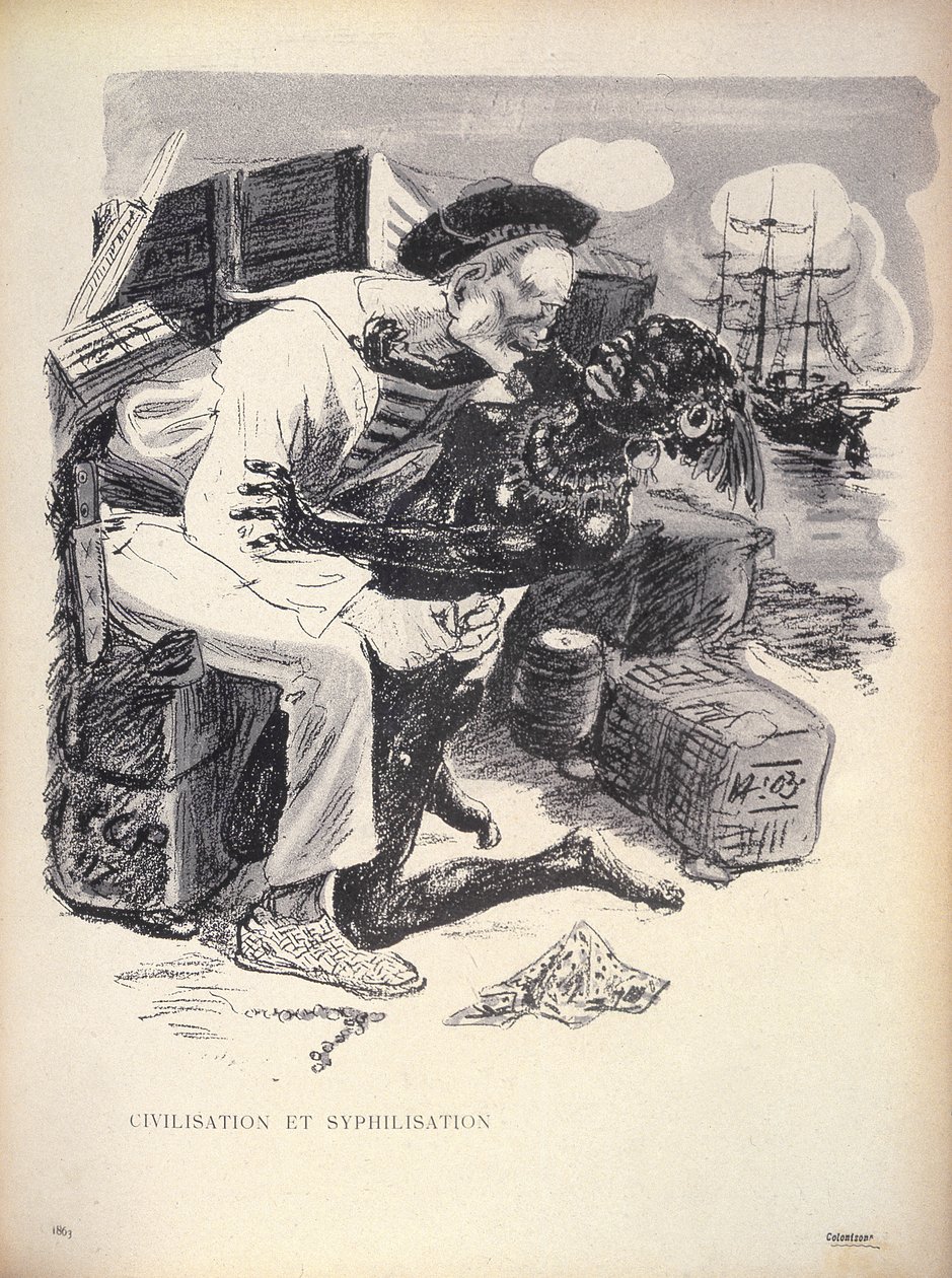 Sivilisaatio ja syfilisaatio, s. 1863 kaiverrus Grandjouan LAssiette Au Beurre, pub. 10. tammikuuta 1903 tekijältä Eugene Cadel