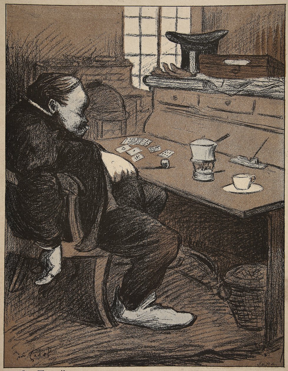 Kovaa työtä, tauko korteista ja kahvista!, kuvitus teoksesta "The Butter Plate: The Officials", 9. elokuuta 1902 tekijältä Eugene Cadel