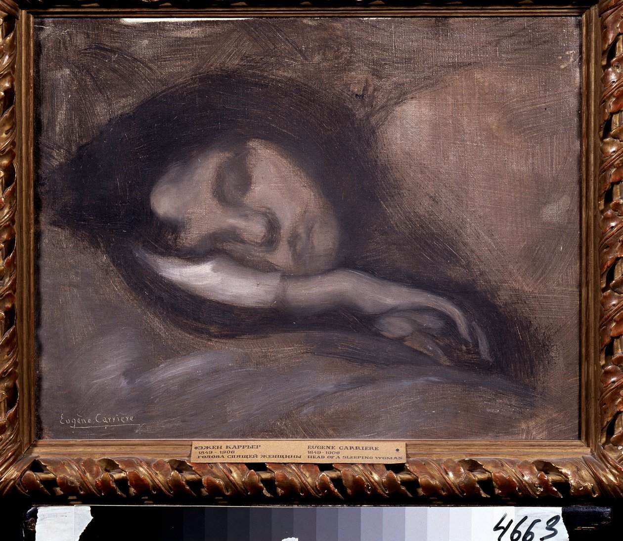 Nukkuvan naisen pää. Eugene Carrieren (1849-1906) maalaus. Koko: 36 x 47 cm. Öljy kankaalle. Symboliikka. Pushkin-museo, Moskova tekijältä Eugène Carrière