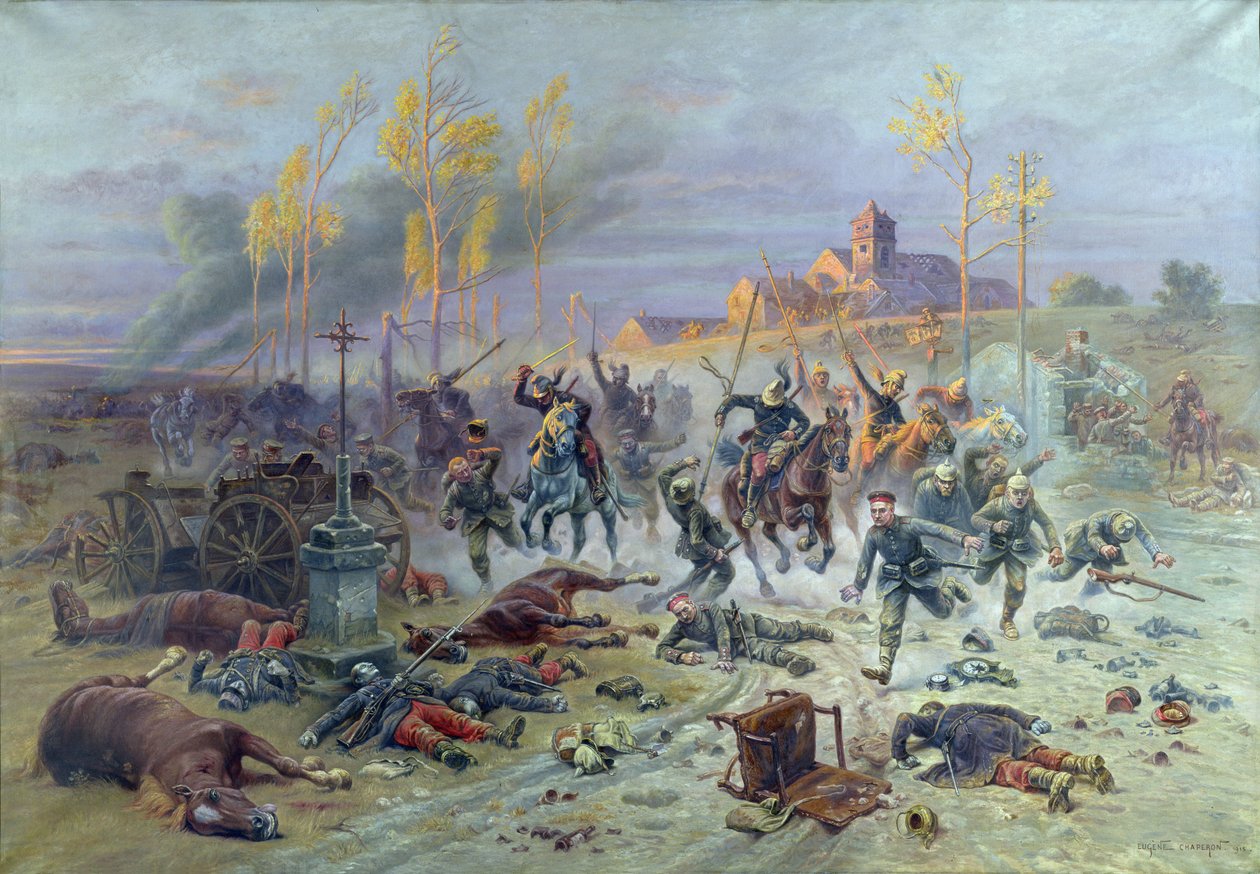 Ranskalaisten sotilaiden hyökkäys Marnen taistelussa, 8. tai 9. syyskuuta 1914, 1915 tekijältä Eugene Chaperon