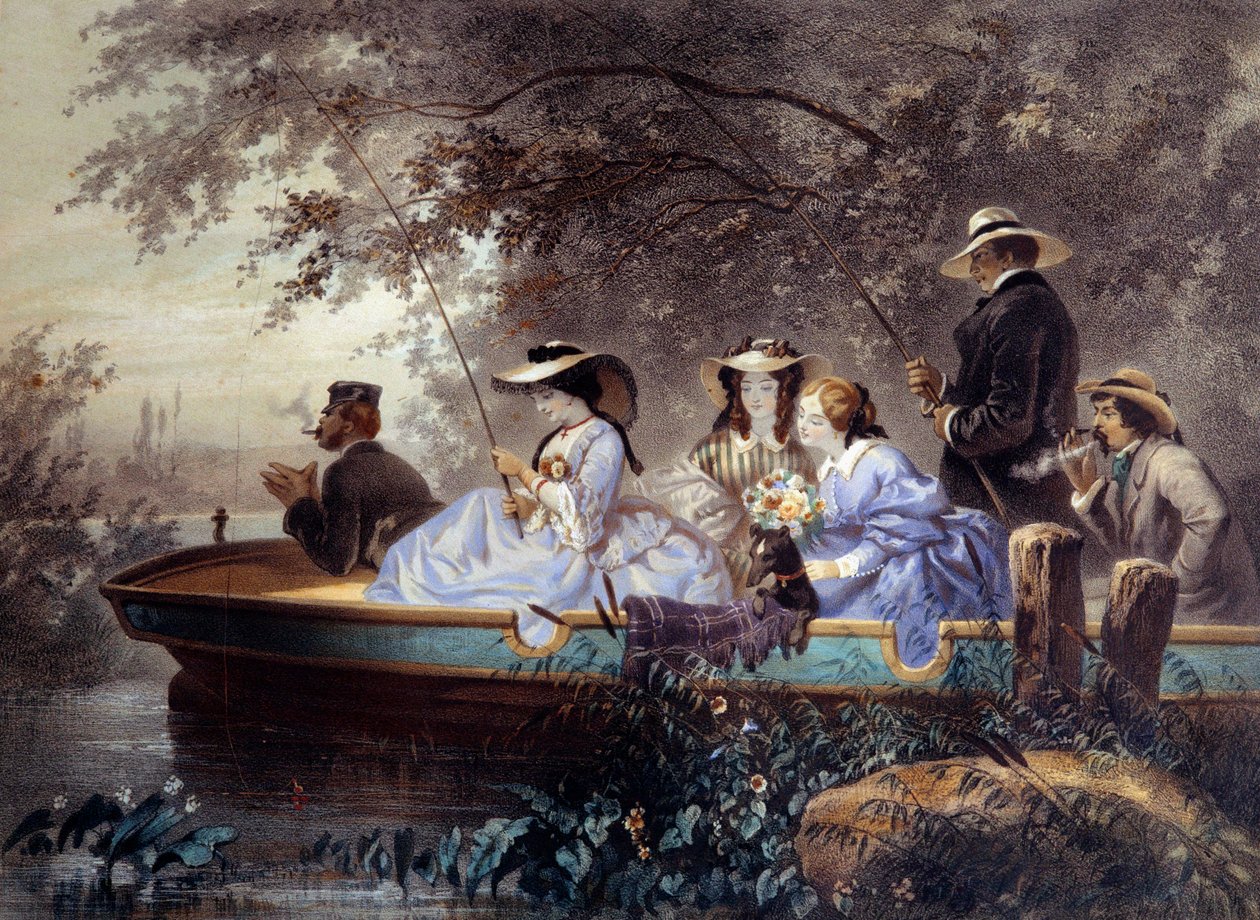 Sunnuntai perheen kanssa kalastamassa joessa Litografia Eugene Guerard (1821-1866) 1800-luvun Pariisi, Musee Carnavalet tekijältä Eugene Charles Francois Guerard