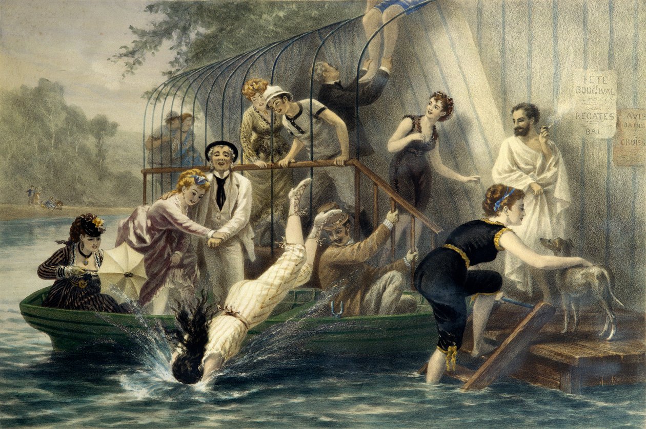 Ah! Kaunis pää, sunnuntai veden äärellä. Nainen sukeltamassa veteen uimapuvussa 1800-luvulla huvitettujen merimiesten naurun alla. Nainen veneessä suojaa itseään naarmuilta sateenvarjollaan. Kaiverrus Eugene Guerard (1821-1866). PR tekijältä Eugene Charles Francois Guerard
