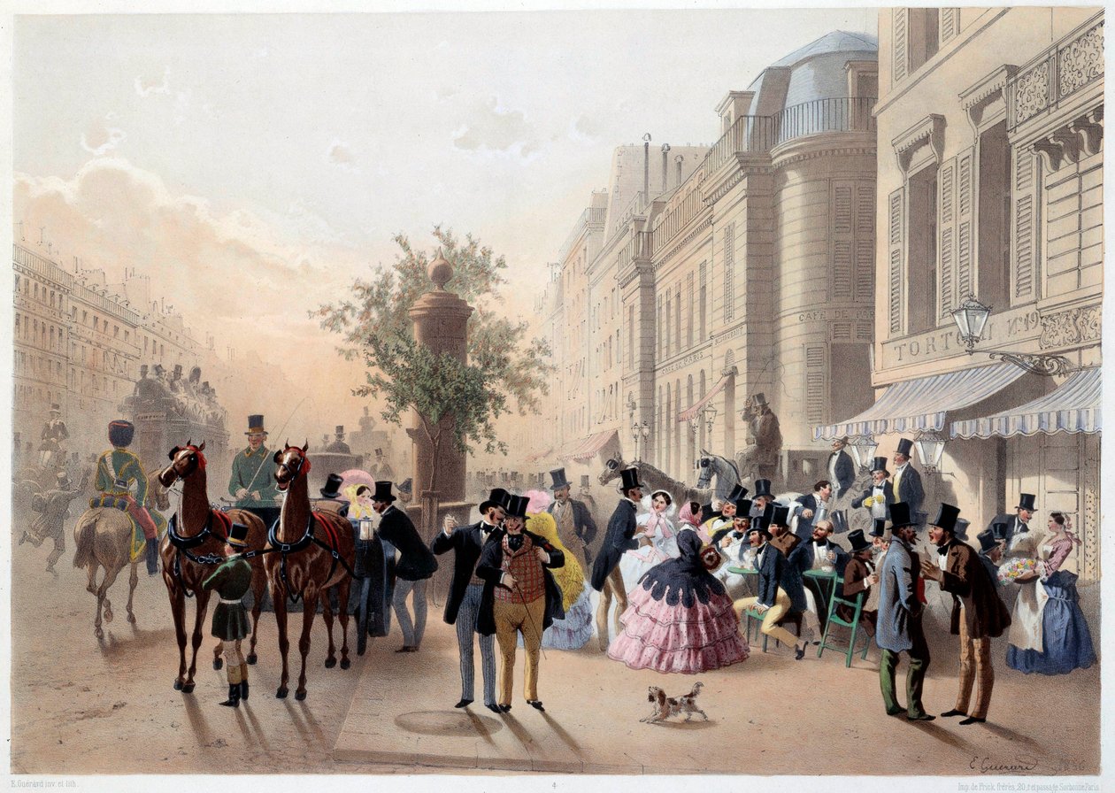 Boulevard des Italians, Cafe Tortoni Pariisissa 1800-luvulla Eugene Guerardin kaiverrus tekijältä Eugene Charles Francois Guerard