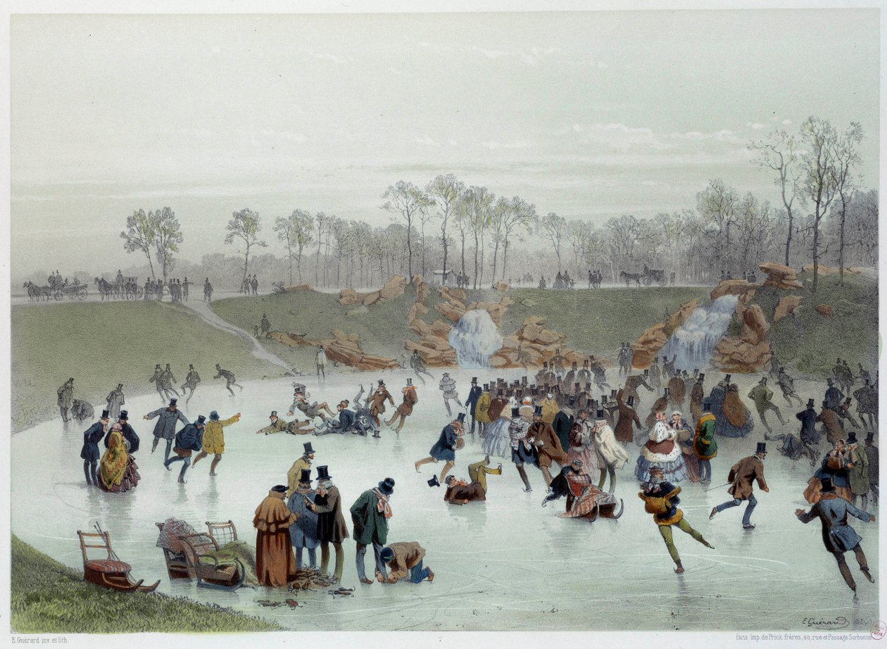 Luistelijat Bois de Boulogne -litografiassa, kirjoittanut Eugene Guerard tekijältä Eugene Charles Francois Guerard