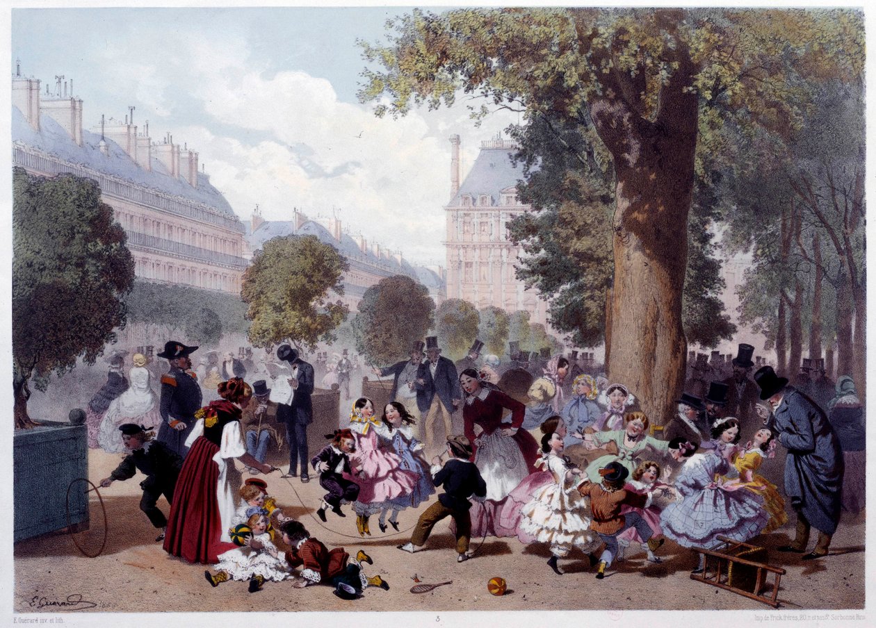 Näkymä allee des foliants aux Tuileries -kadulle Pariisissa Lapset, lastentarhat ja kävelijät. Eugene Guerardin (1821-1866) vedokset 1856 Pariisi, Musee Carnavalet tekijältä Eugene Charles Francois Guerard