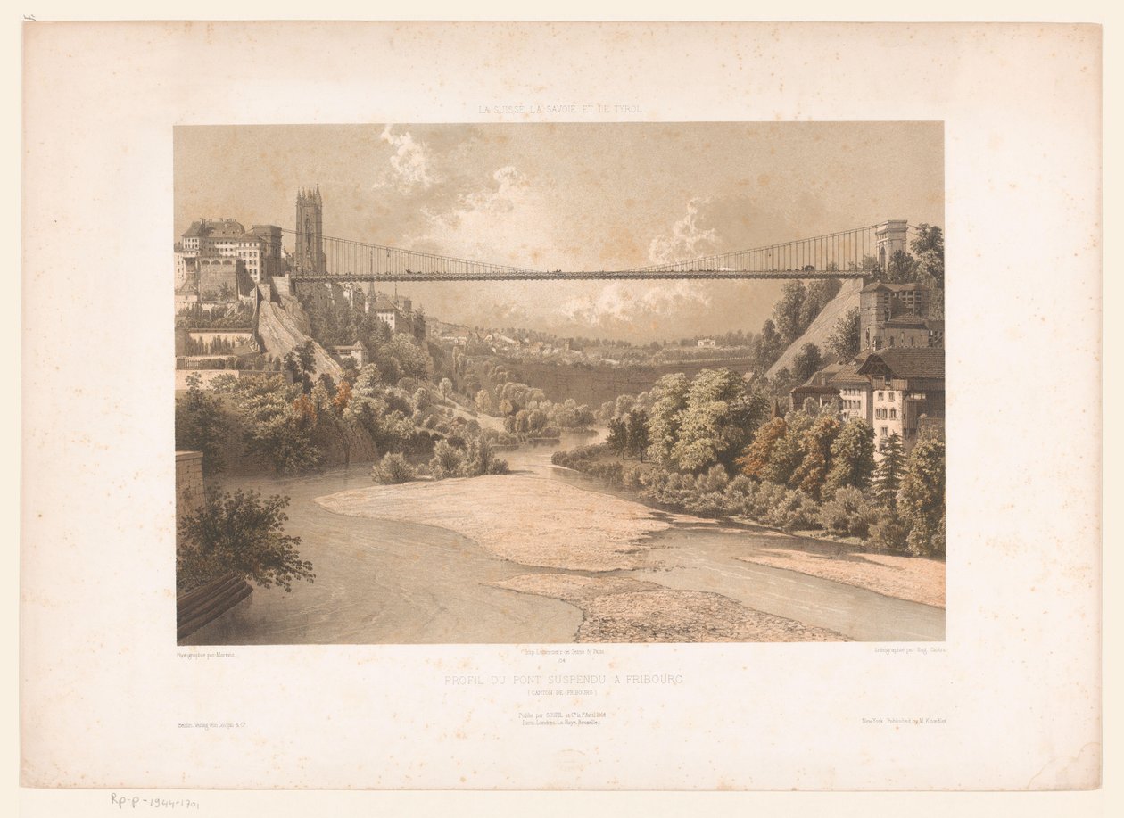 Gezicht op de hangbrug over de Sarine, te Fribourg Sveitsi Savoy ja Tiroli / Fribourgin riippusillan profiili (Fribourgin kantoni) (otsikko esineessä) tekijältä Eugene Ciceri