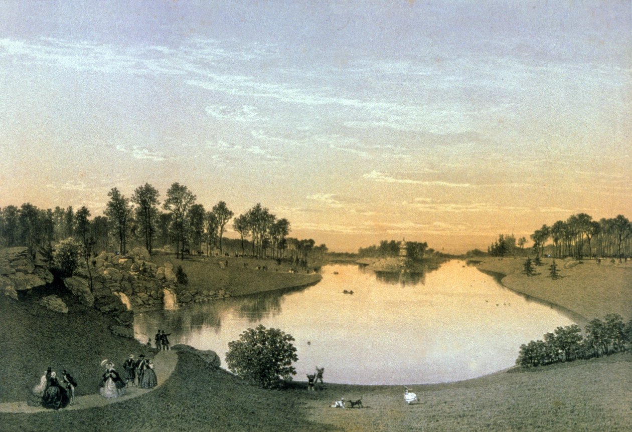 Bois de Boulognen järvi, noin 1860 (kaiverrus) tekijältä Eugene Ciceri