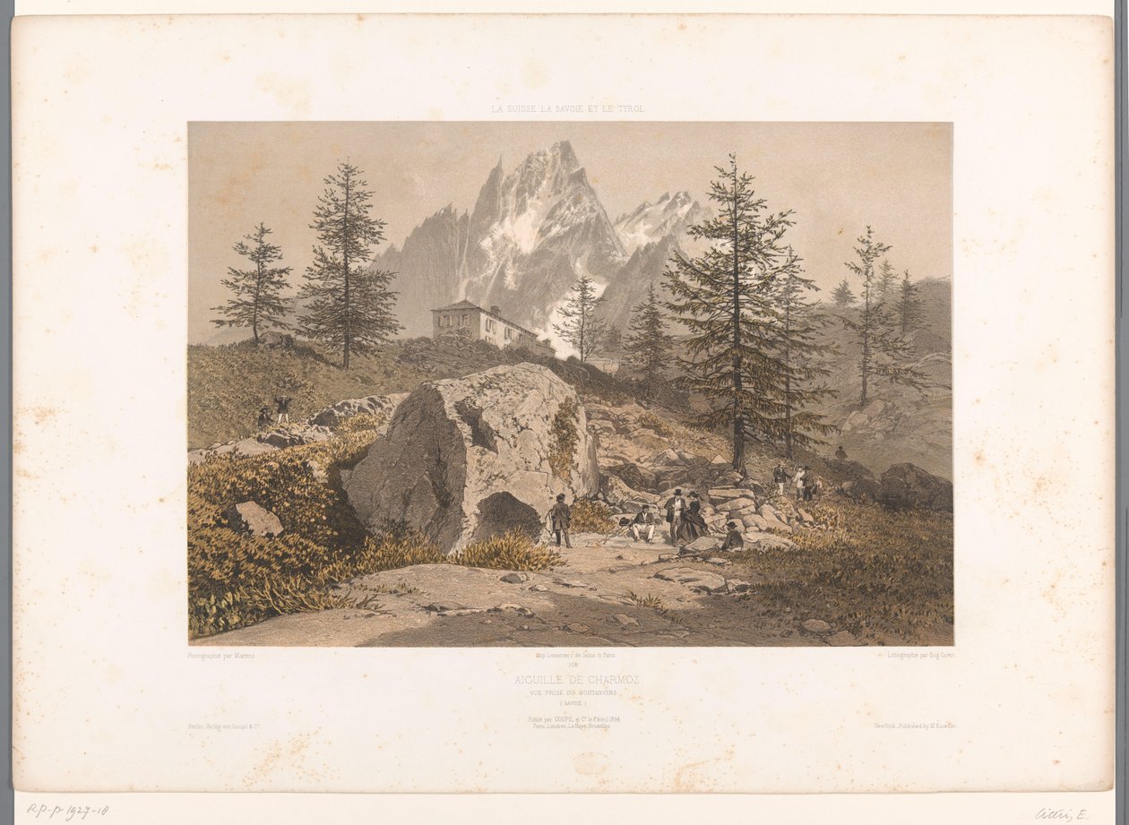 Maisema kävelijöiden kanssa ja näkymä Aiguille des Grands Charmozille Aiguille de Charmoz (otsikko esineessä) Kasvot Sveitsissä, Savoyssa ja Tirolissa (sarjan nimi) La Suisse, la Savoie et le Tyrol (sarjan nimi esineellä) tekijältä Eugene Ciceri
