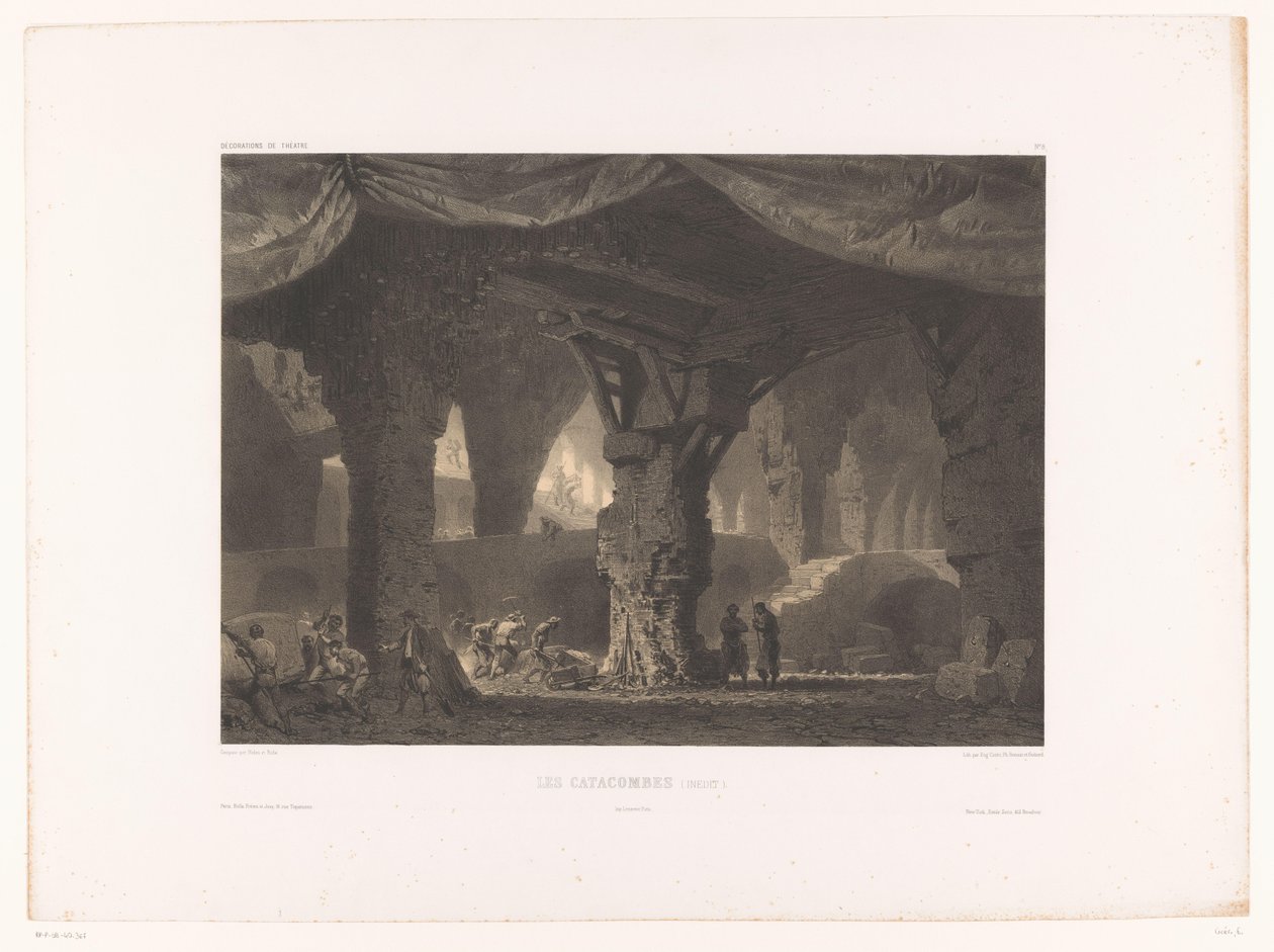 Theaterdecor met catacomben Les catacombes (edit.) (otsikko esineessä) Teatterisisustus (sarjan nimi) Decorations de théâtre (sarjan nimi esineellä) tekijältä Eugene Ciceri
