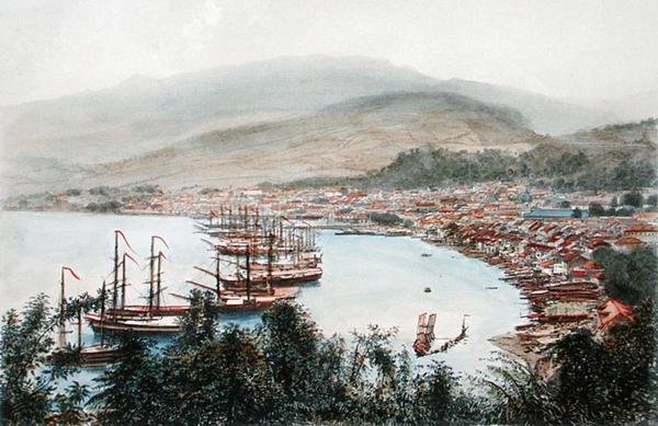 Näkymä Saint-Pierresta nähtynä asepatterista Sainte-Marthessa, Martinique (värilitografia) tekijältä Eugene Ciceri