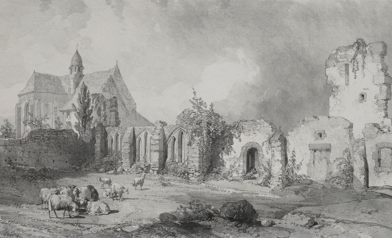 Kuvankauniita ja romanttisia matkoja muinaisessa Ranskassa. Bretagne: Abbey of Relec. tekijältä Eugene Ciceri