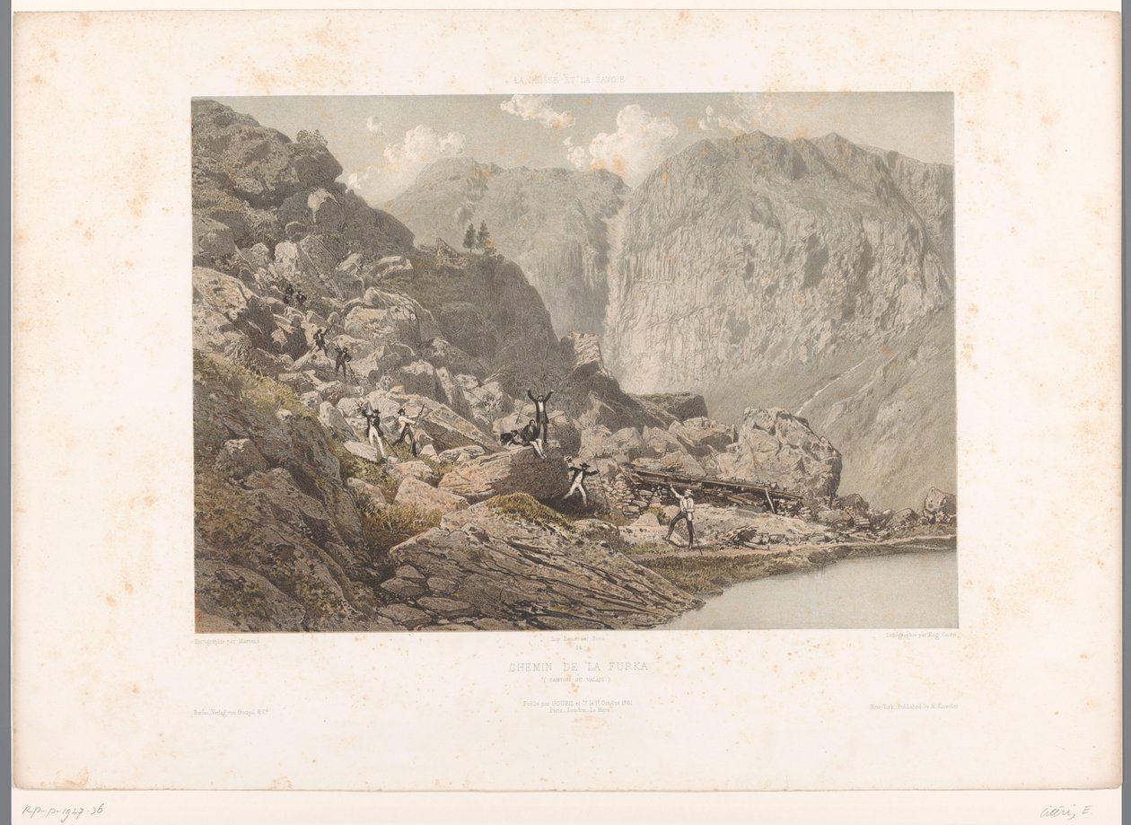 Vaeltajia Furka-solalla Chemin de la Furka (otsikko esineessä) Kasvot Sveitsissä ja Savoyssa (sarjan nimi) La Suisse et la Savoie (sarjan nimi esineellä) tekijältä Eugene Ciceri