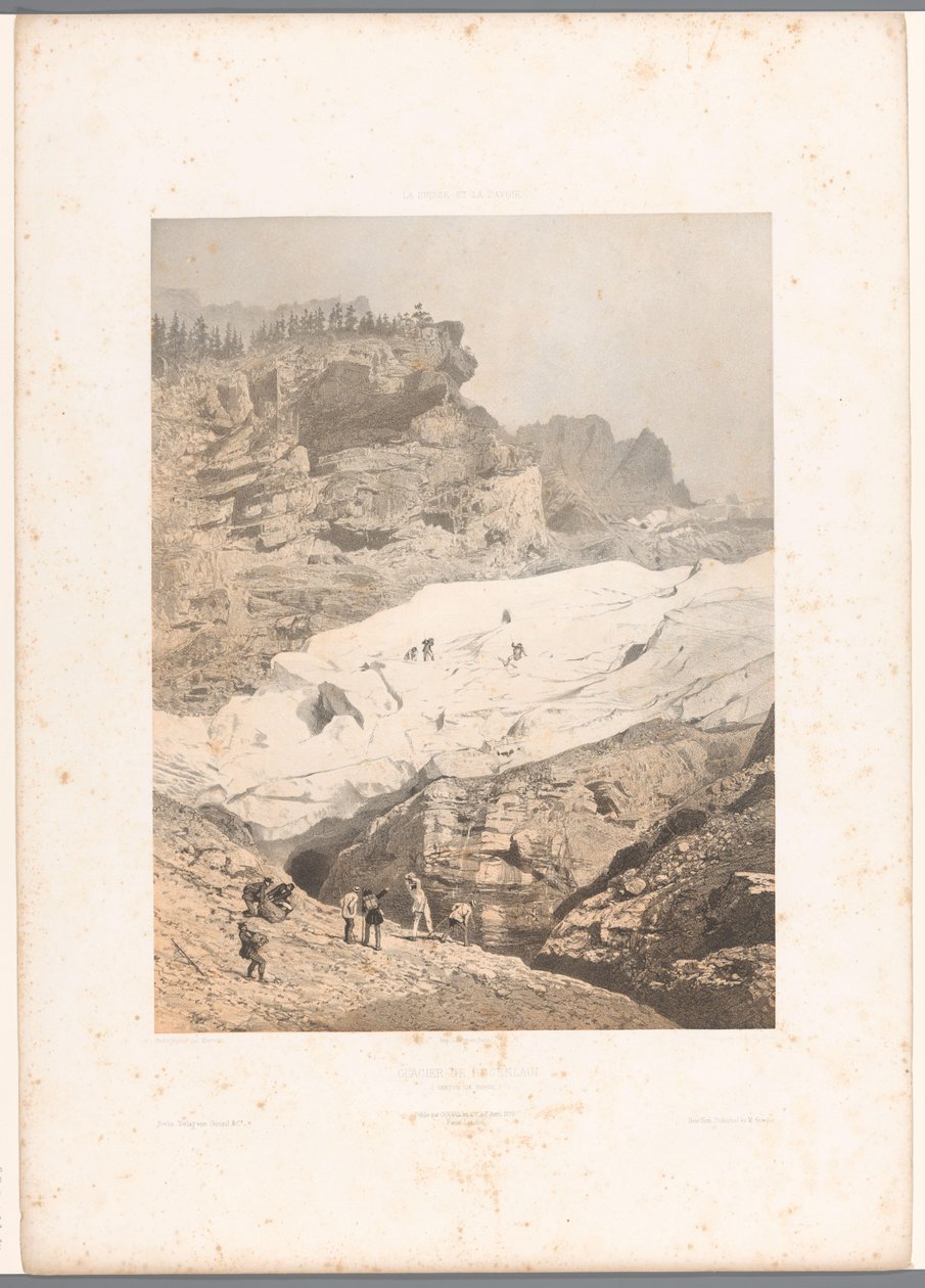 Vaeltajia Rosenlauin jäätiköllä Glacier de Rosenlaui (otsikko esineessä) Kasvot Sveitsissä ja Savoyssa (sarjan nimi) La Suisse et la Savoie (sarjan nimi esineellä) tekijältä Eugene Ciceri