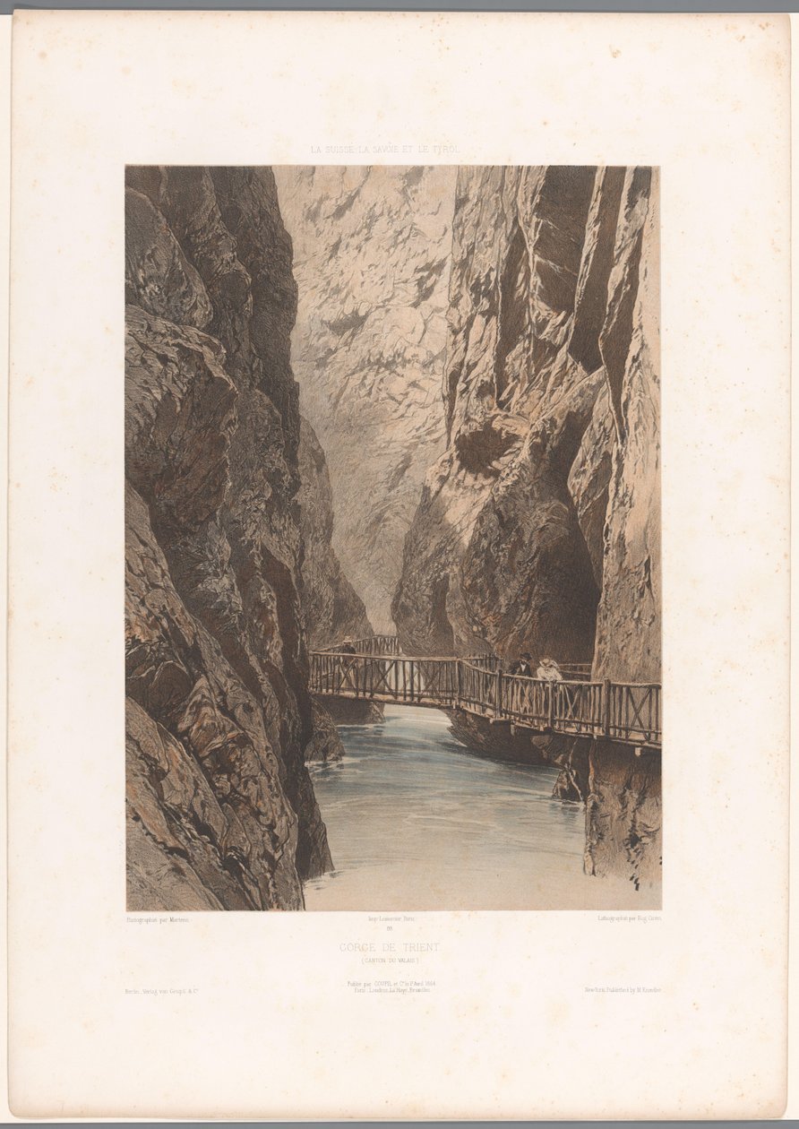 Retkeilijät sillalla Trientschluchtin läpi Gorge de Trient (otsikko esineessä) Kasvot Sveitsissä, Savoyssa ja Tirolissa (sarjan nimi) La Suisse, la Savoie et le Tyrol (sarjan nimi esineellä) tekijältä Eugene Ciceri