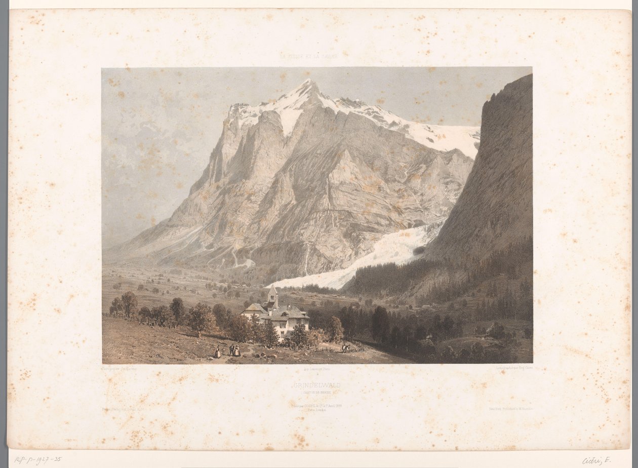 Näkymä Grindelwaldista Grindelwald (otsikko esineessä) Nähtävyydet Sveitsissä, Savoyssa ja Tirolissa (sarjan nimi) La Suisse, la Savoie et le Tyrol (sarjan nimi esineellä) tekijältä Eugene Ciceri