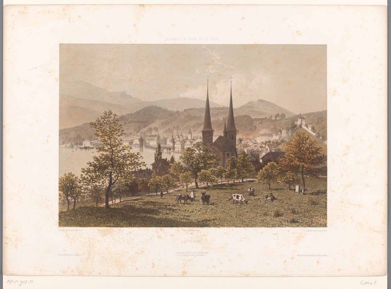 Näkymä Luzernille Luzerni (otsikko esineessä) Nähtävyydet Sveitsissä, Savoyssa ja Tirolissa (sarjan nimi esineellä) La Suisse, la Savoie et le Tyrol (sarjan nimi) tekijältä Eugene Ciceri